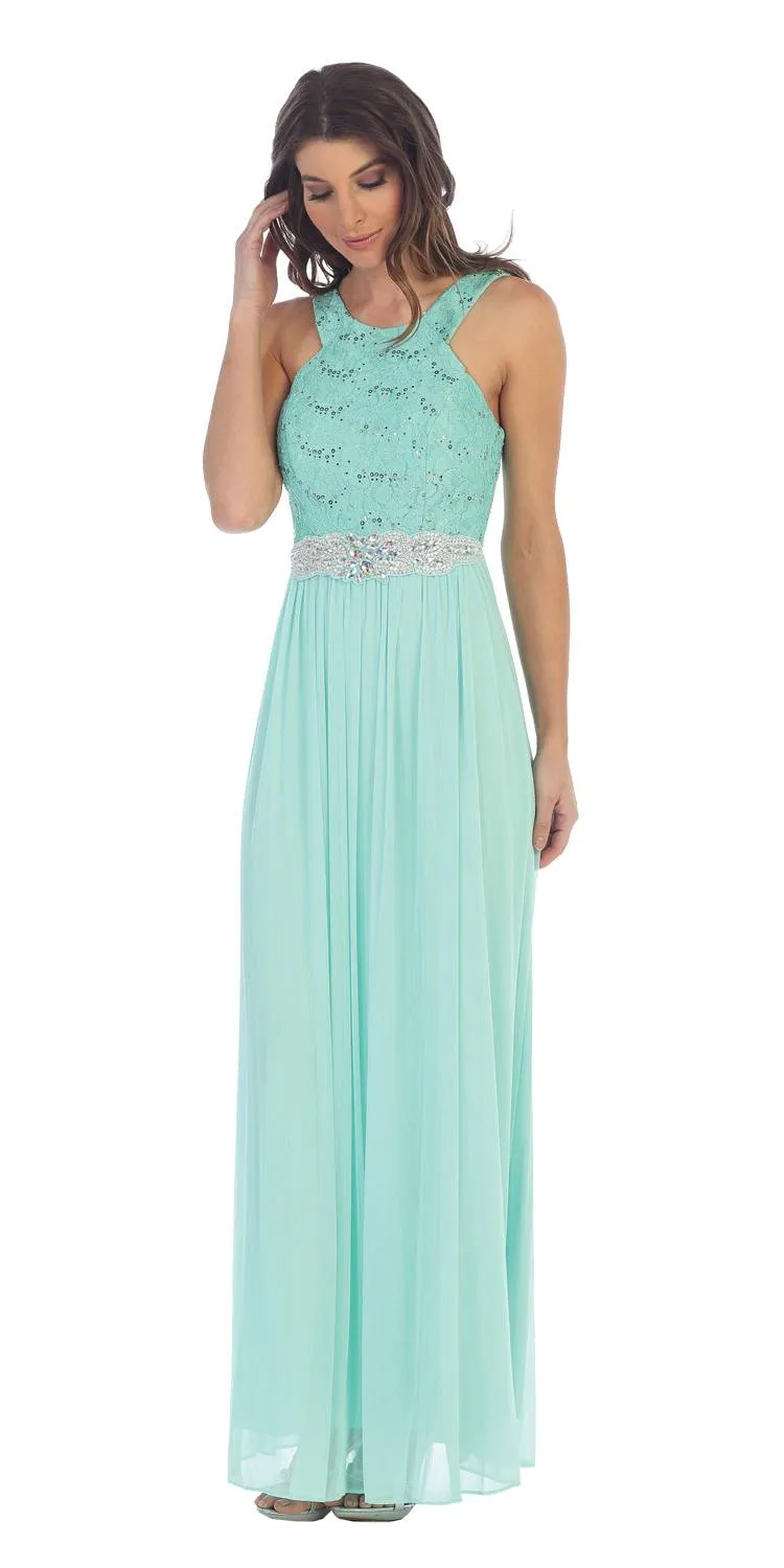 Juno 1013 Halter Long Formal Dress with Embellished Waist