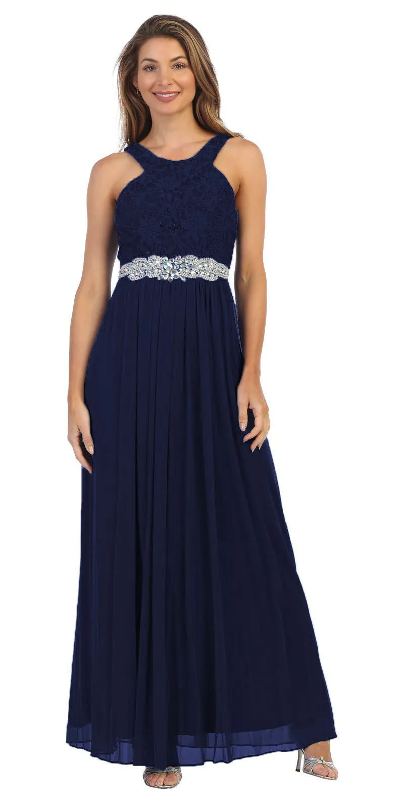 Juno 1013 Halter Long Formal Dress with Embellished Waist