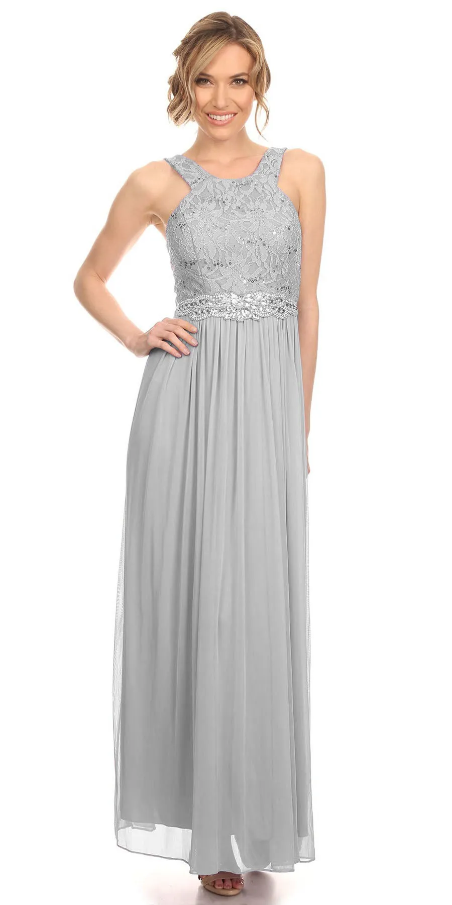 Juno 1013 Halter Long Formal Dress with Embellished Waist
