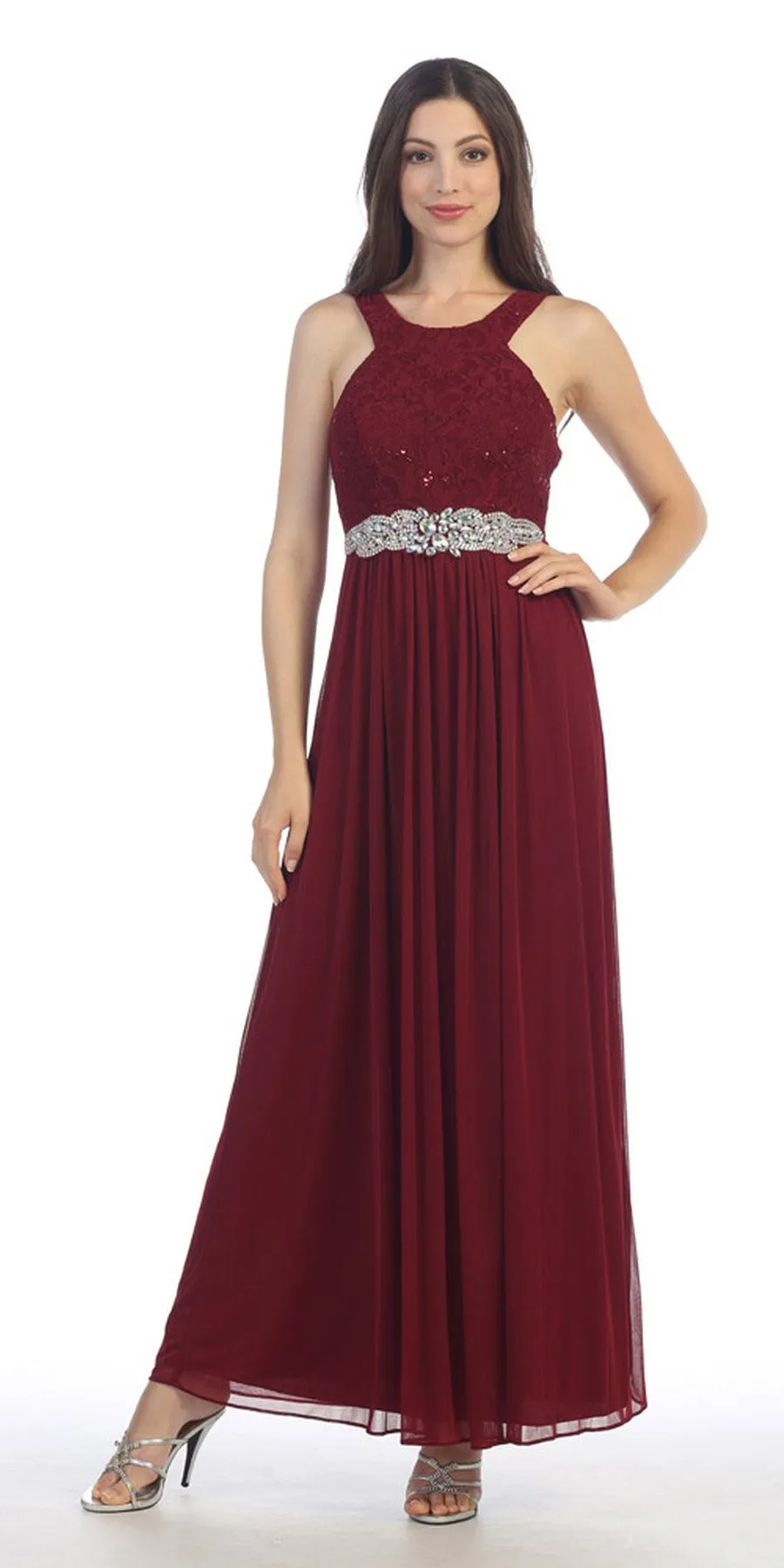 Juno 1013 Halter Long Formal Dress with Embellished Waist