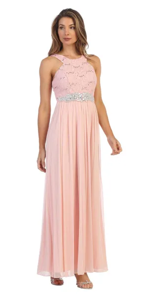 Juno 1013 Halter Long Formal Dress with Embellished Waist