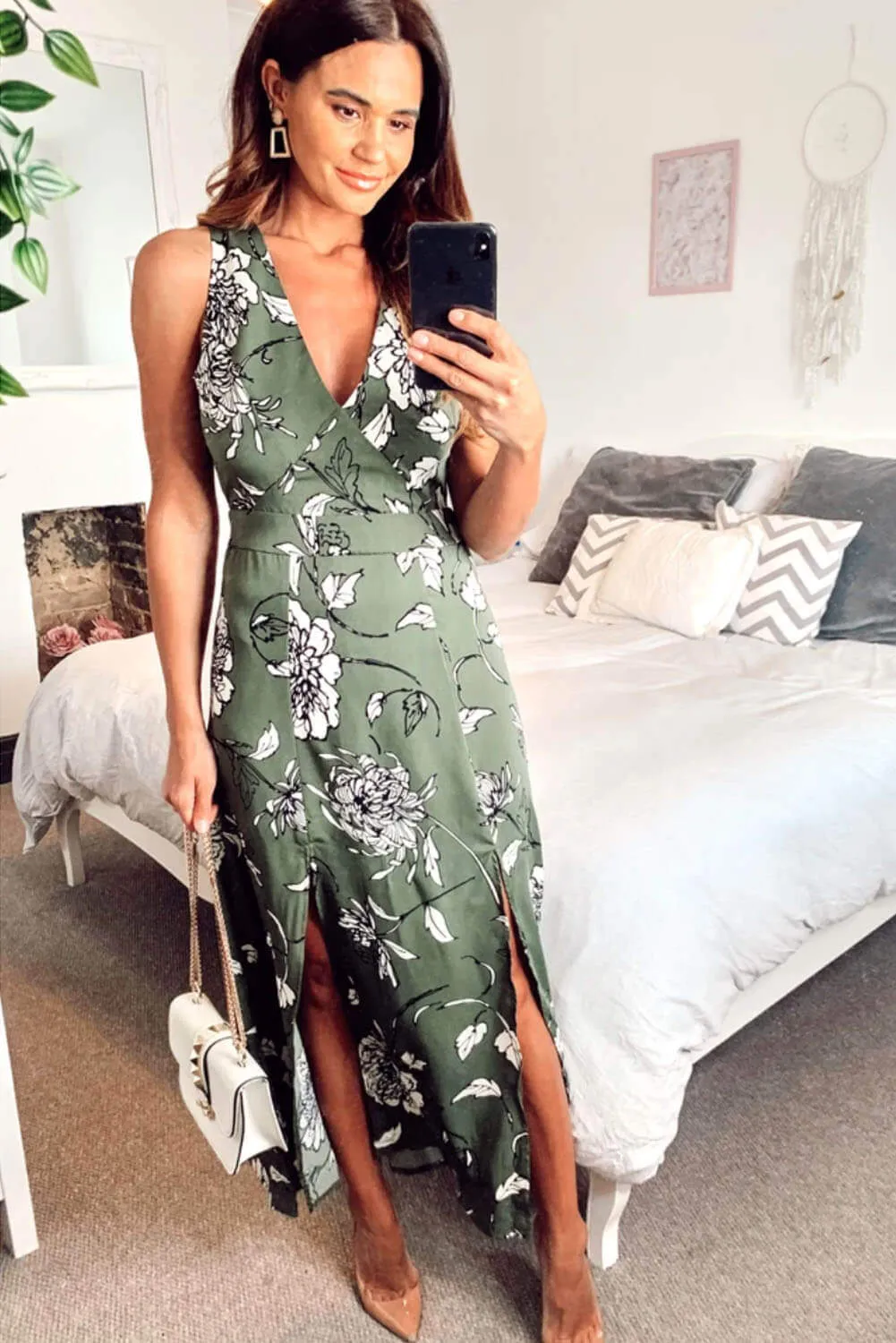 Khaki Printed Split Front Midaxi Dress