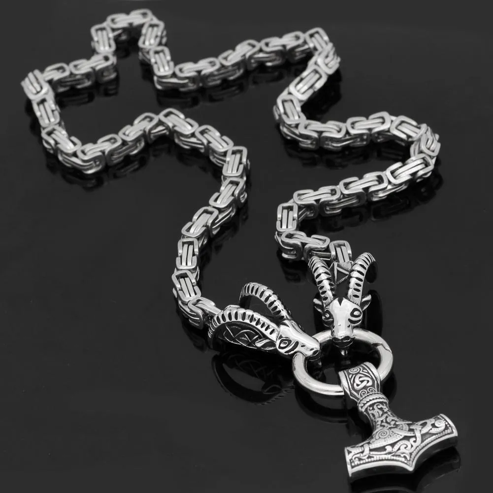 King Chain With Rams Horns & Mjolnir Pendant