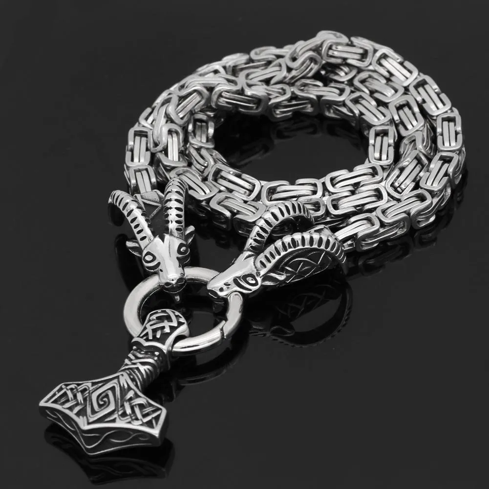 King Chain With Rams Horns & Mjolnir Pendant