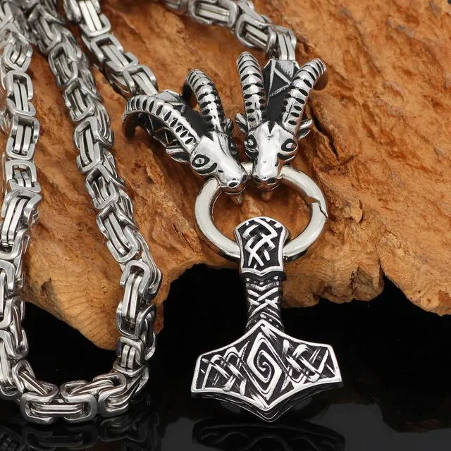 King Chain With Rams Horns & Mjolnir Pendant