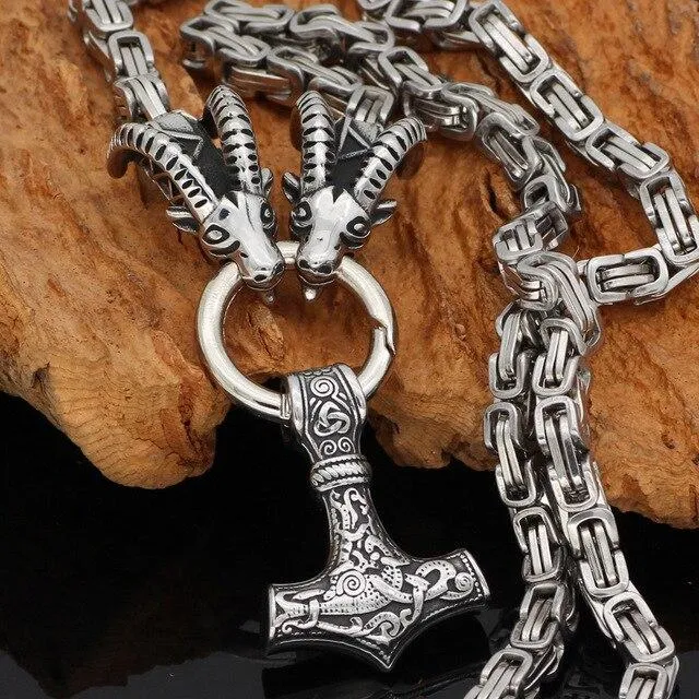 King Chain With Rams Horns & Mjolnir Pendant