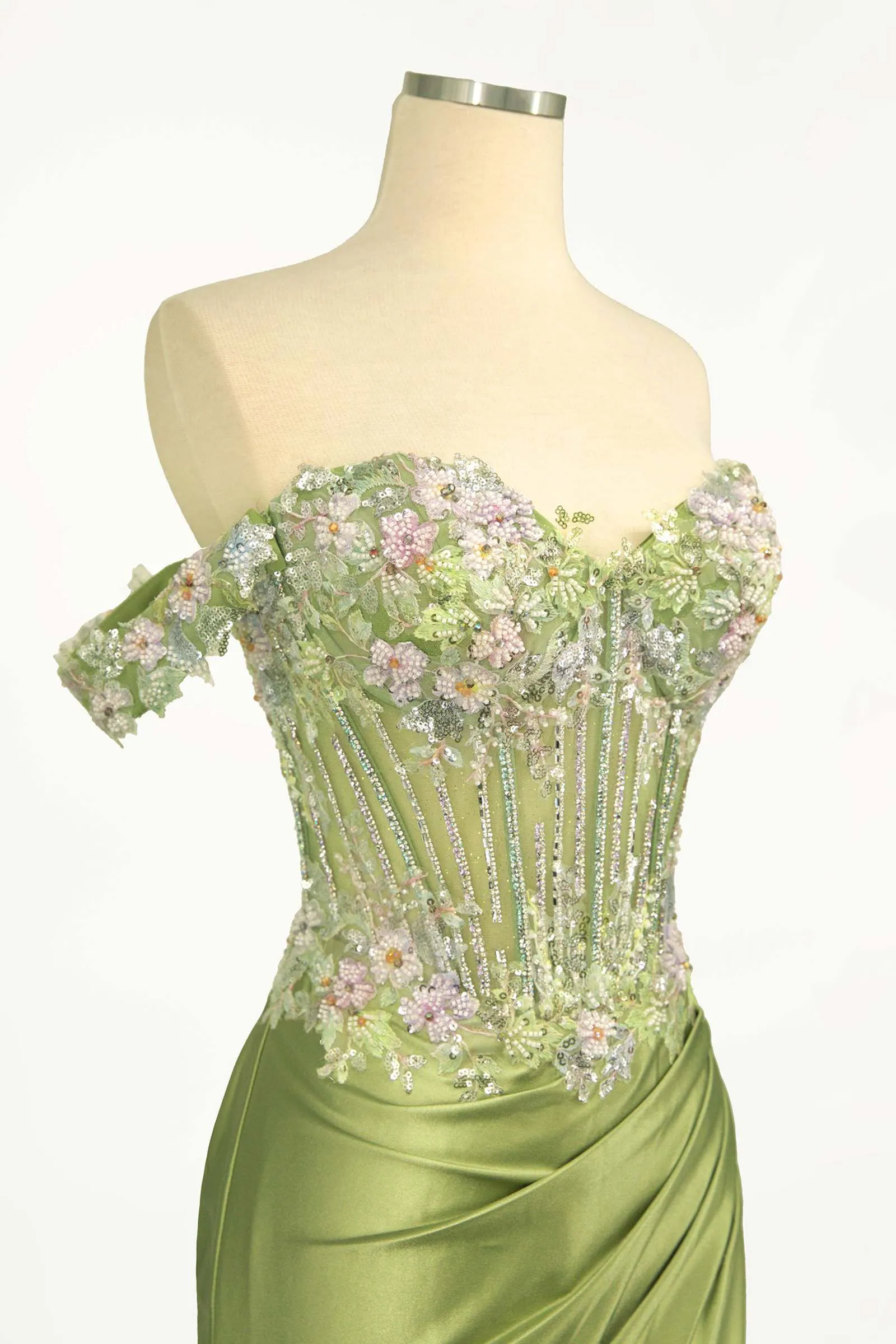 Ladivine CD745 Off The Shoulder Floral Beaded & Satin Gown
