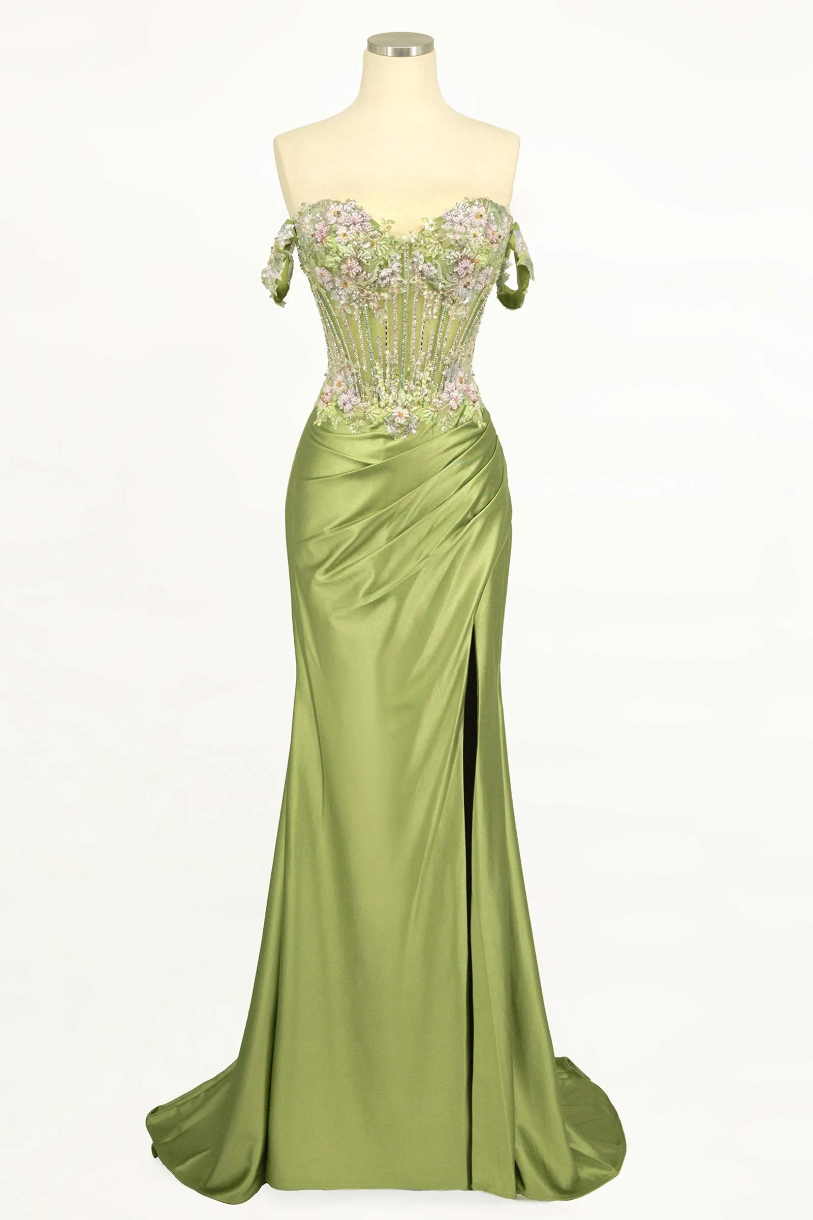 Ladivine CD745 Off The Shoulder Floral Beaded & Satin Gown