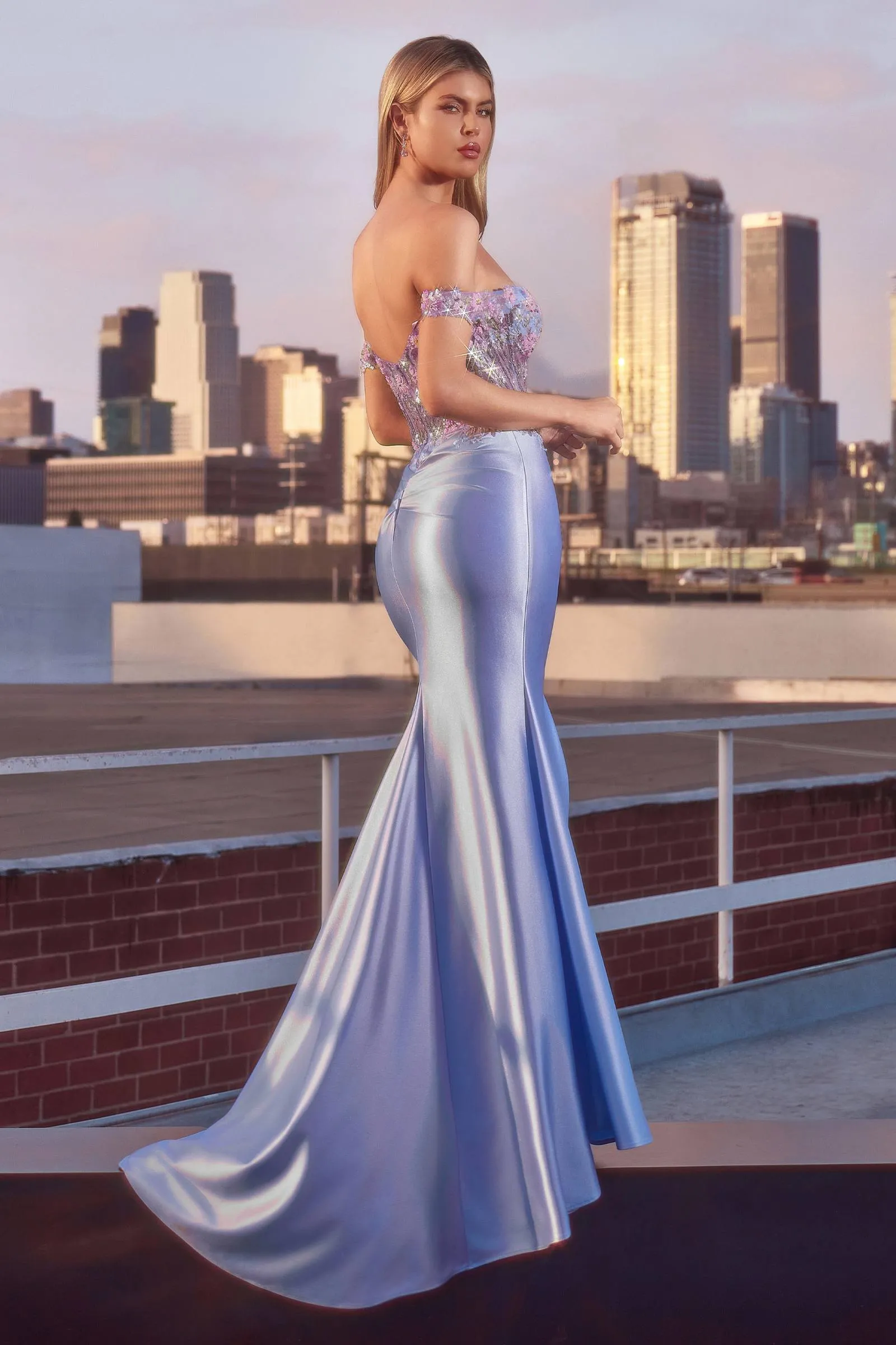 Ladivine CD745 Off The Shoulder Floral Beaded & Satin Gown