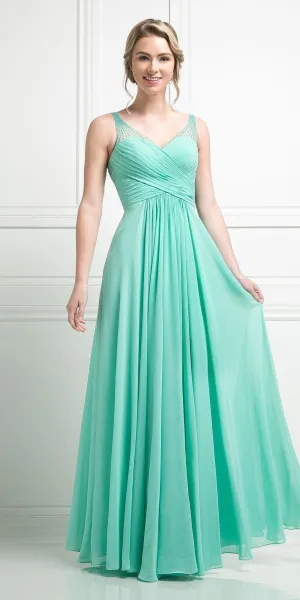 Ladivine CJ214 Long Chiffon Dress V-Neck Pleated Bodice