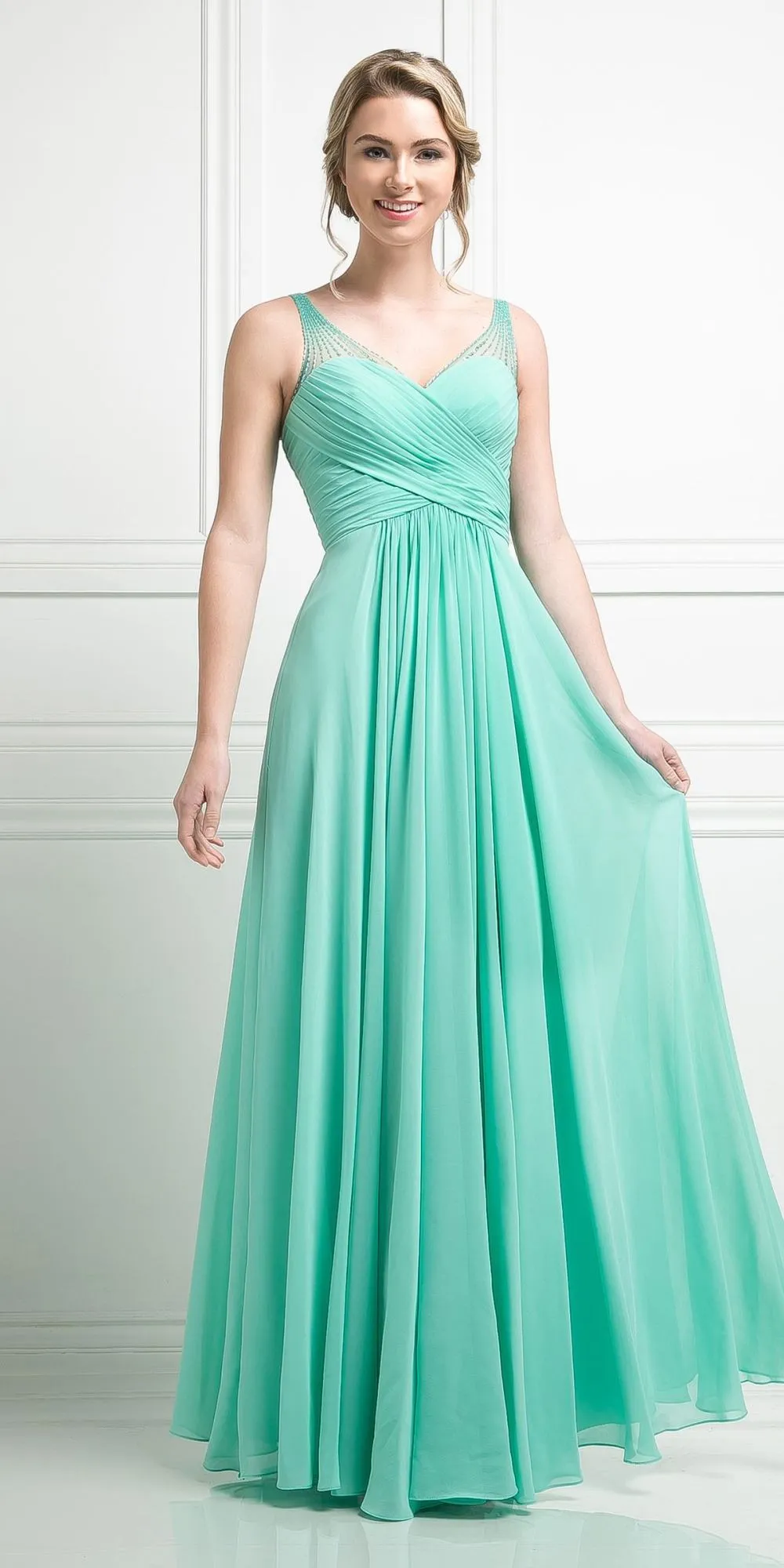 Ladivine CJ214 Long Chiffon Dress V-Neck Pleated Bodice