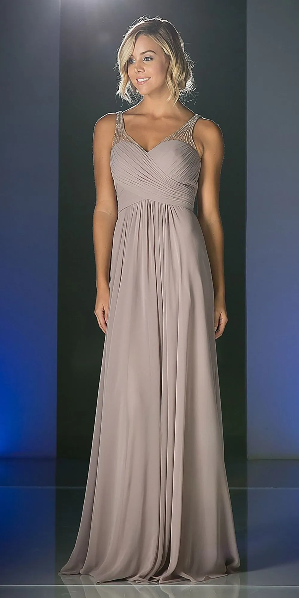Ladivine CJ214 Long Chiffon Dress V-Neck Pleated Bodice