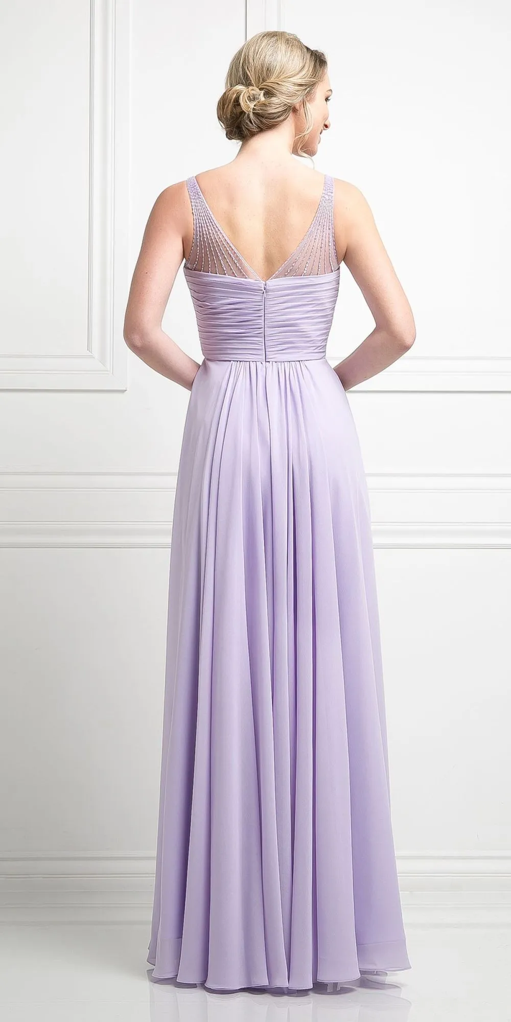 Ladivine CJ214 Long Chiffon Dress V-Neck Pleated Bodice