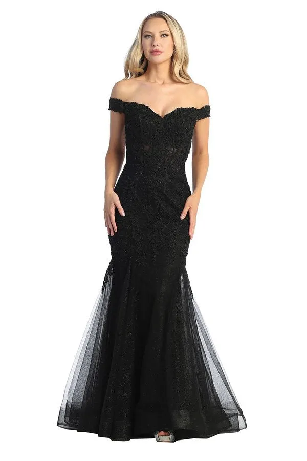 LF 7758 - Off The Shoulder Fit & Flare Prom Gown with Sheer Beaded Lace Embellished Corset Bodice