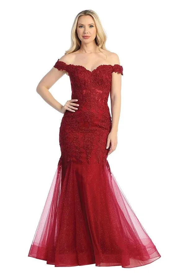 LF 7758 - Off The Shoulder Fit & Flare Prom Gown with Sheer Beaded Lace Embellished Corset Bodice