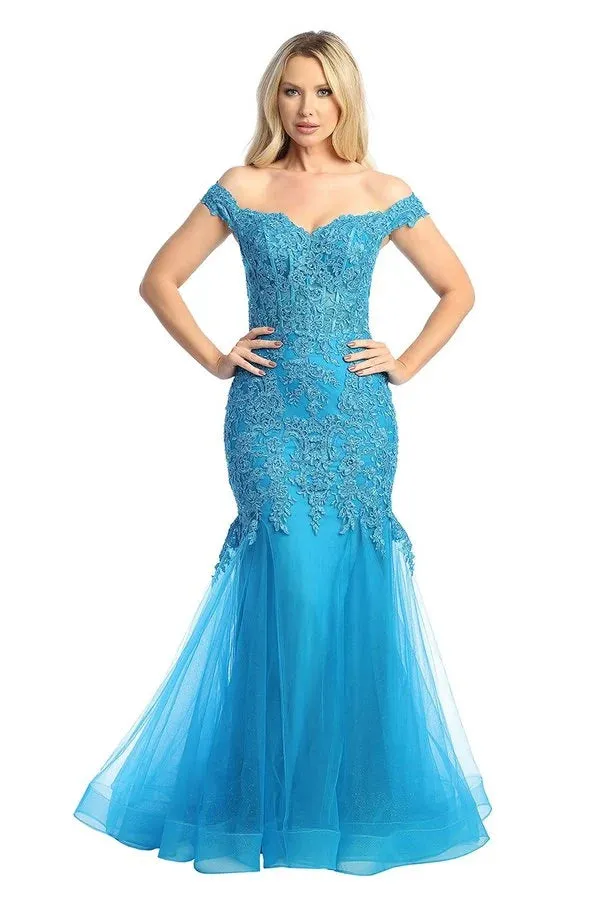 LF 7758 - Off The Shoulder Fit & Flare Prom Gown with Sheer Beaded Lace Embellished Corset Bodice