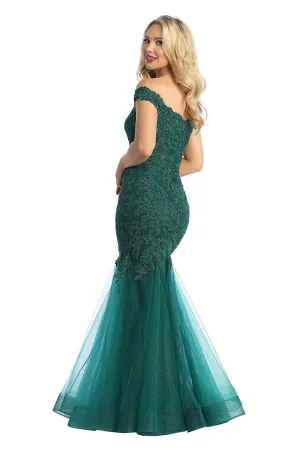 LF 7758 - Off The Shoulder Fit & Flare Prom Gown with Sheer Beaded Lace Embellished Corset Bodice