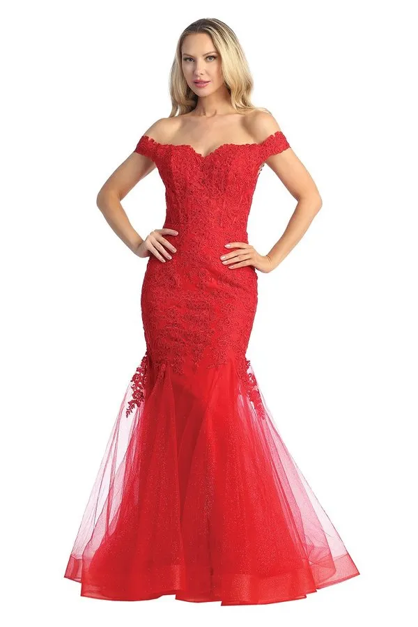 LF 7758 - Off The Shoulder Fit & Flare Prom Gown with Sheer Beaded Lace Embellished Corset Bodice