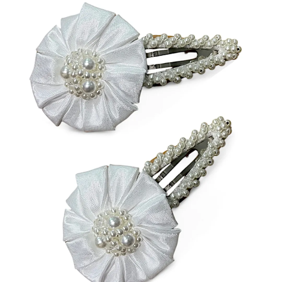 Little Miss Holly Clip Set | Luxury White Satin Hair Clips with Pearls & Crystals