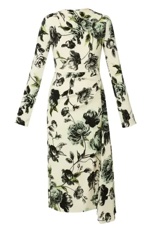 Long Sleeve Draped Midi Dress | Violetta Etching Winter White