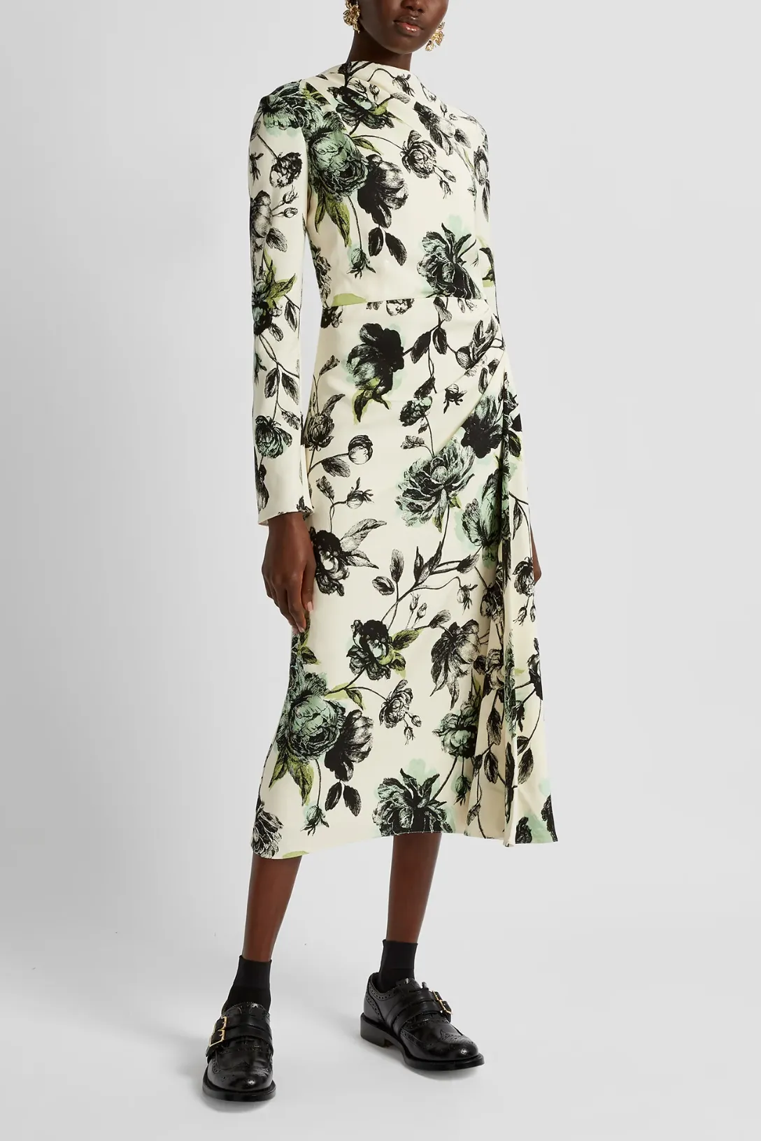Long Sleeve Draped Midi Dress | Violetta Etching Winter White