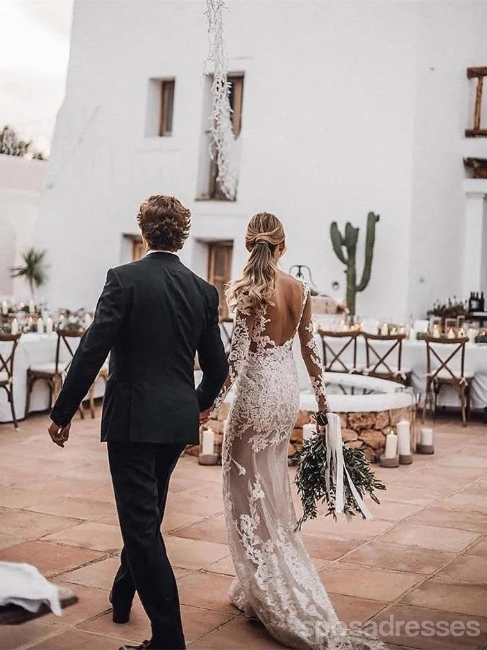 Long Sleeves Backless Lace Mermaid Wedding Dresses Online, Cheap Bridal Dresses, WD627
