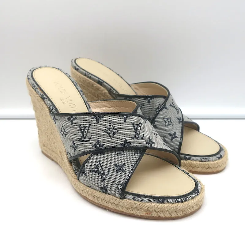 Louis Vuitton Mini Lin Crisscross Espadrille Wedges Blue Monogram Size 37.5 NEW