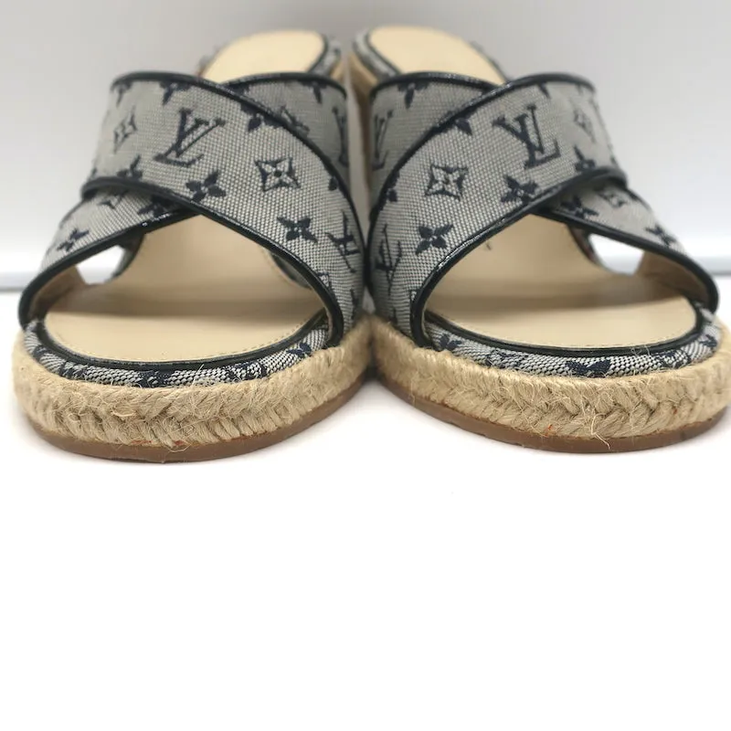 Louis Vuitton Mini Lin Crisscross Espadrille Wedges Blue Monogram Size 37.5 NEW