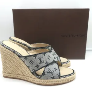 Louis Vuitton Mini Lin Crisscross Espadrille Wedges Blue Monogram Size 37.5 NEW
