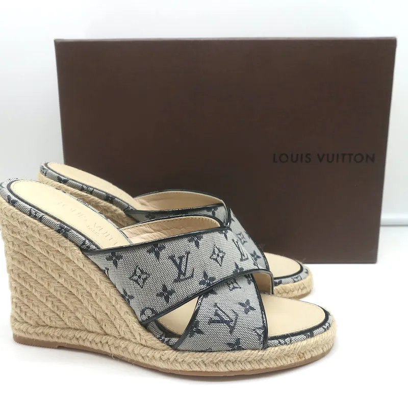 Louis Vuitton Mini Lin Crisscross Espadrille Wedges Blue Monogram Size 37.5 NEW