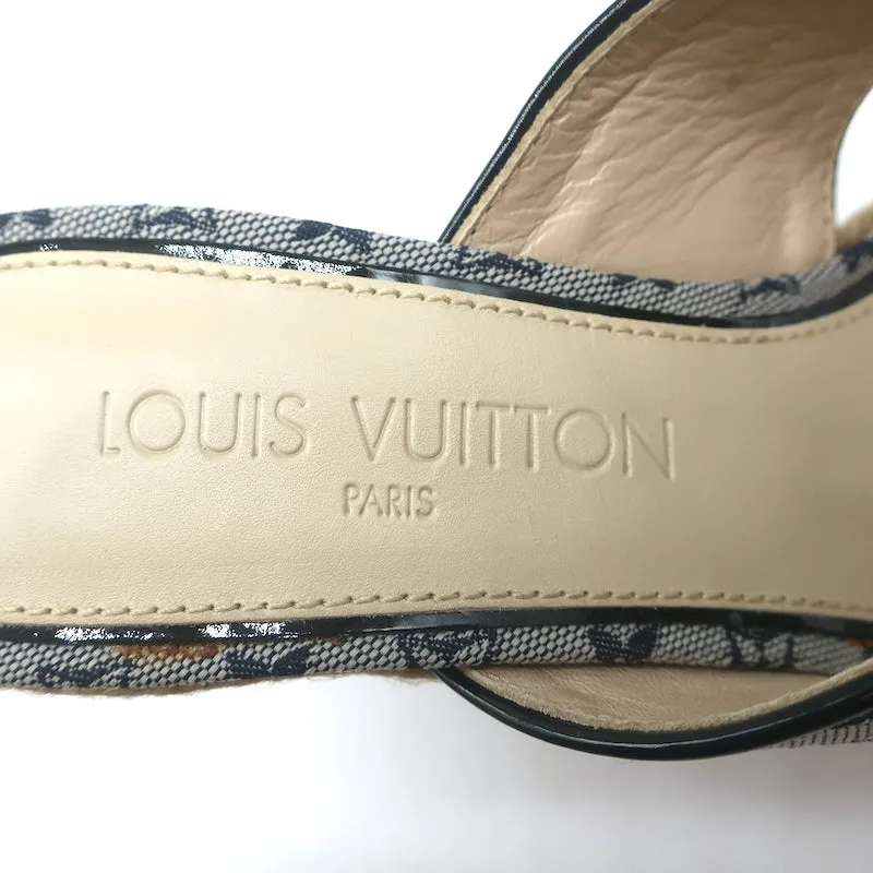 Louis Vuitton Mini Lin Crisscross Espadrille Wedges Blue Monogram Size 37.5 NEW