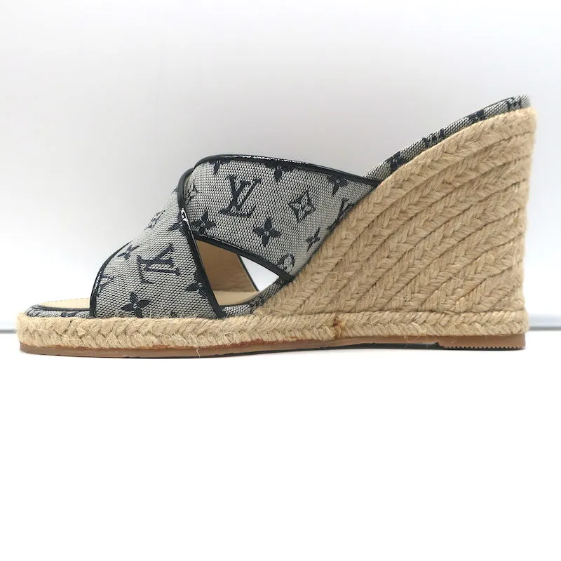 Louis Vuitton Mini Lin Crisscross Espadrille Wedges Blue Monogram Size 37.5 NEW