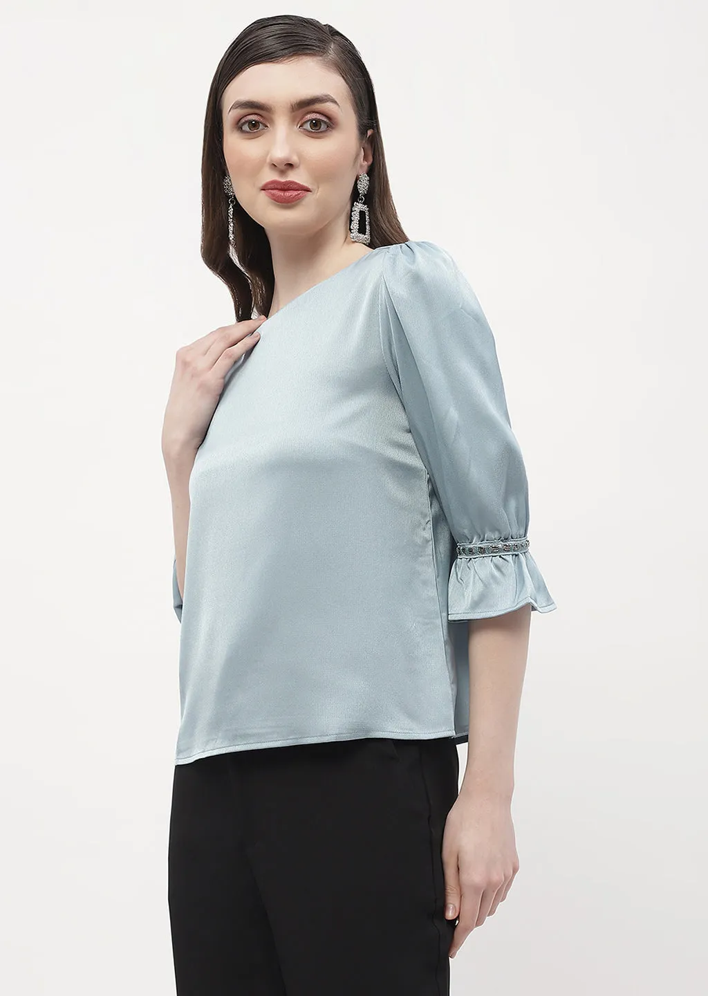 Madame Embellished Poet Sleeve Blue Satin Top
