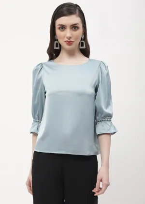 Madame Embellished Poet Sleeve Blue Satin Top