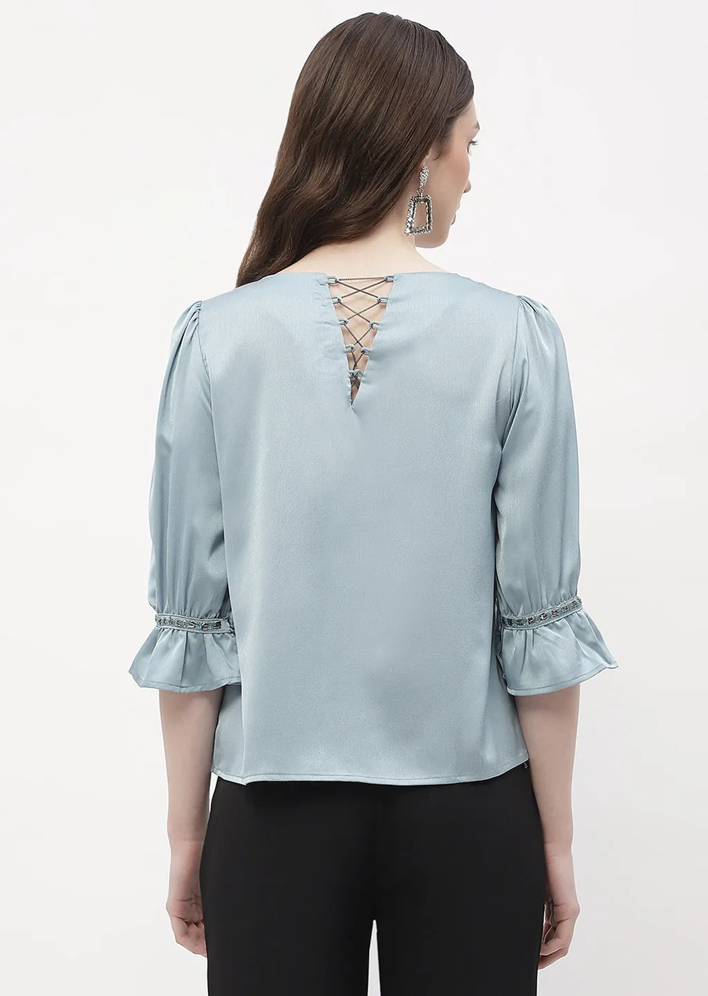 Madame Embellished Poet Sleeve Blue Satin Top