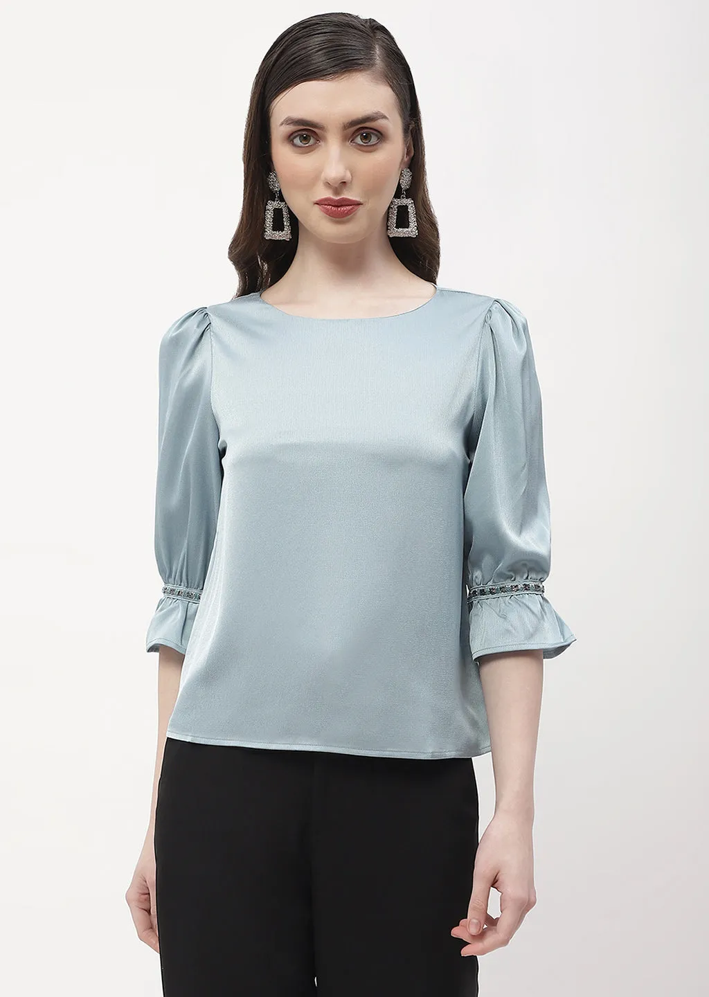 Madame Embellished Poet Sleeve Blue Satin Top