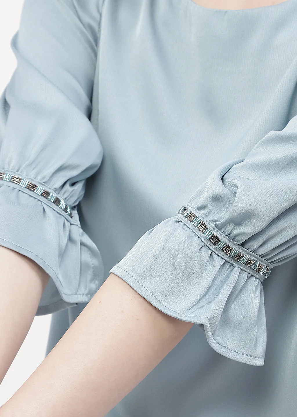 Madame Embellished Poet Sleeve Blue Satin Top