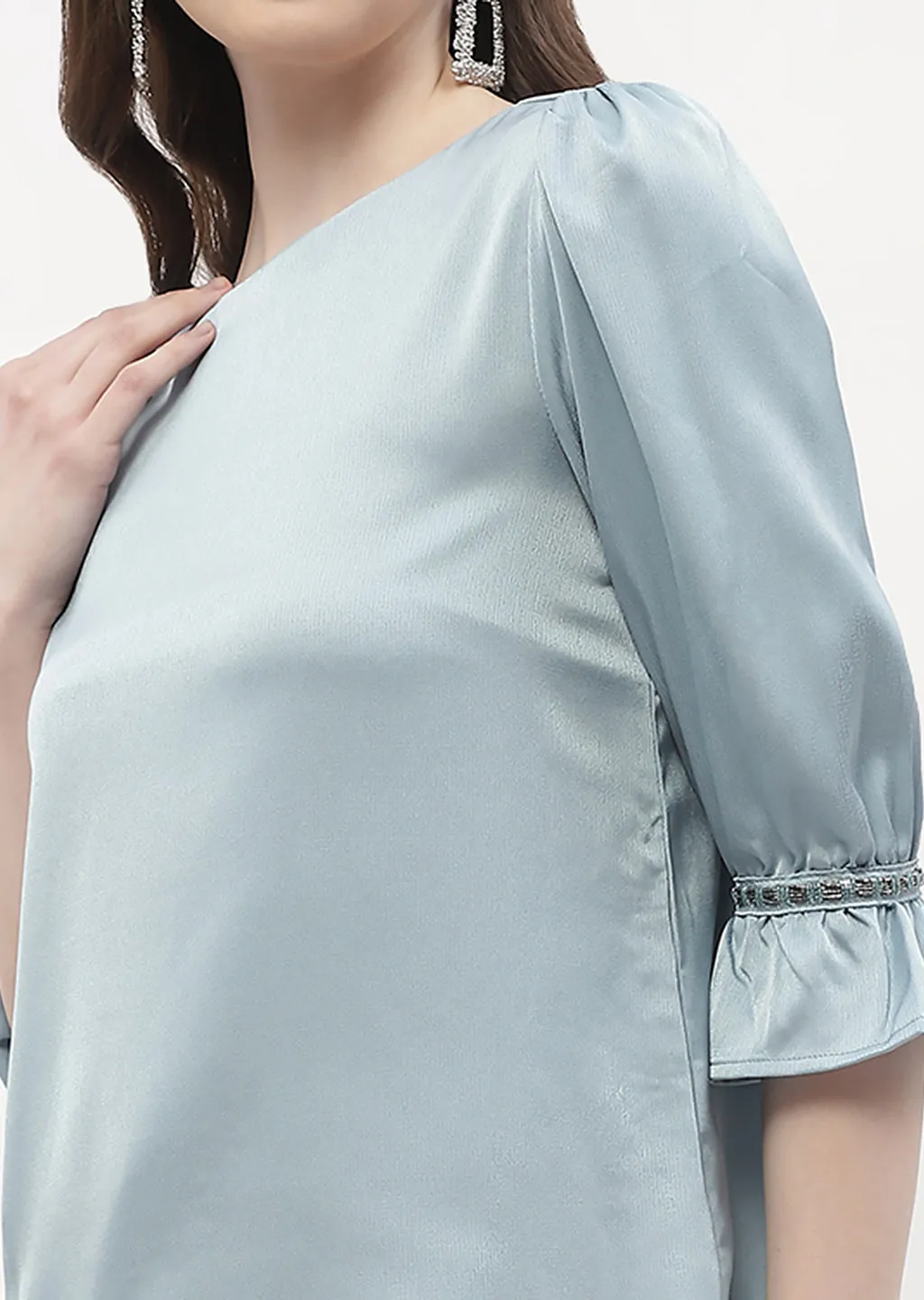 Madame Embellished Poet Sleeve Blue Satin Top