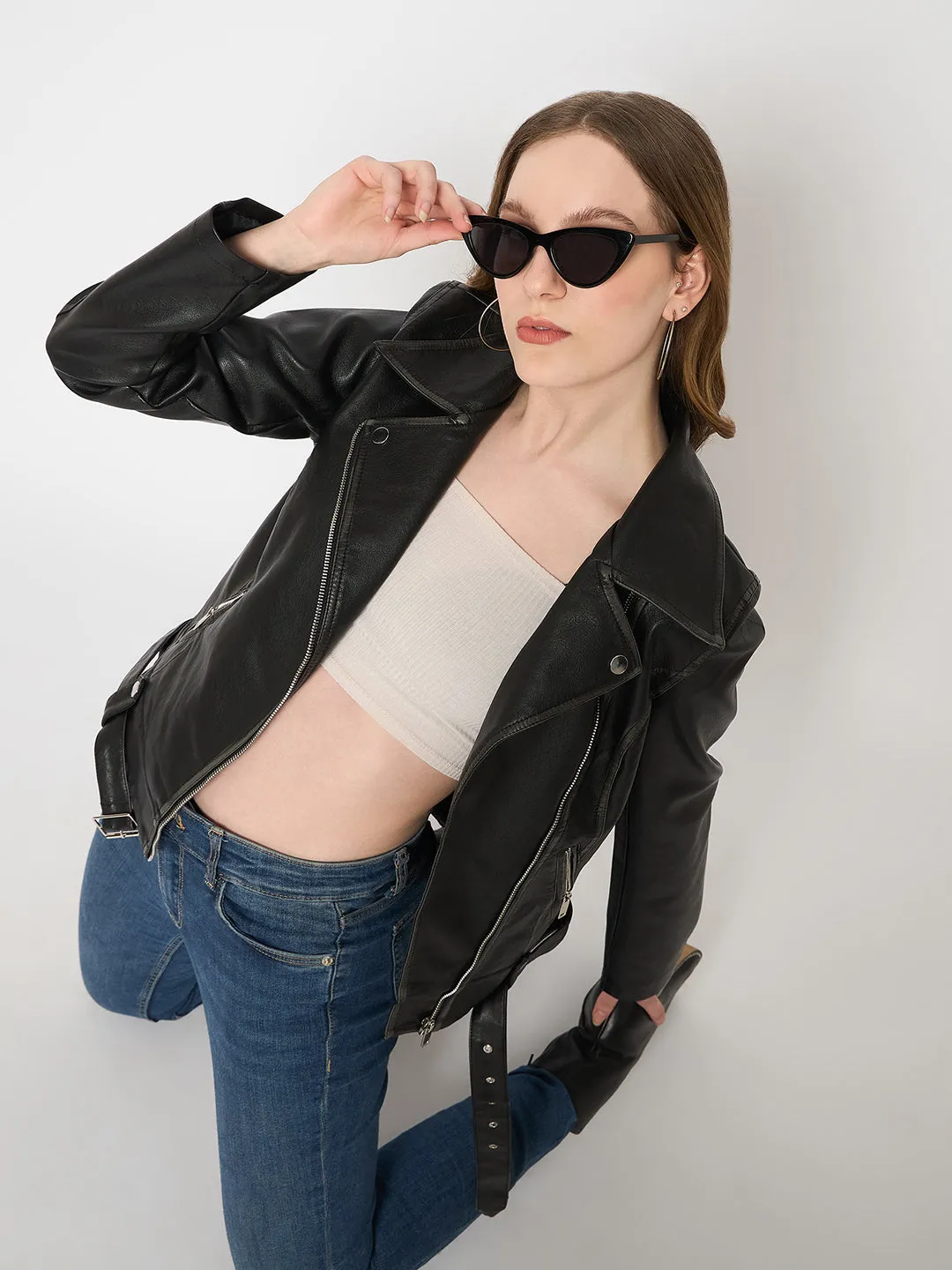 Madame Faux Leather Belt Detailed Black Jacket