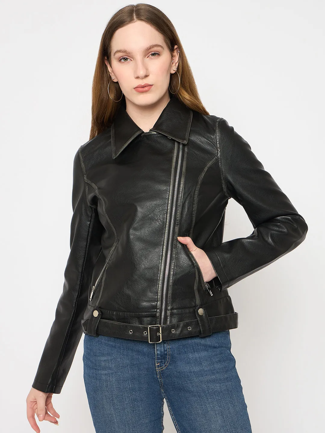Madame Faux Leather Belt Detailed Black Jacket