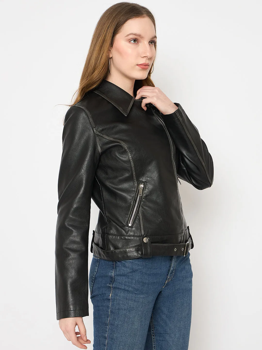 Madame Faux Leather Belt Detailed Black Jacket