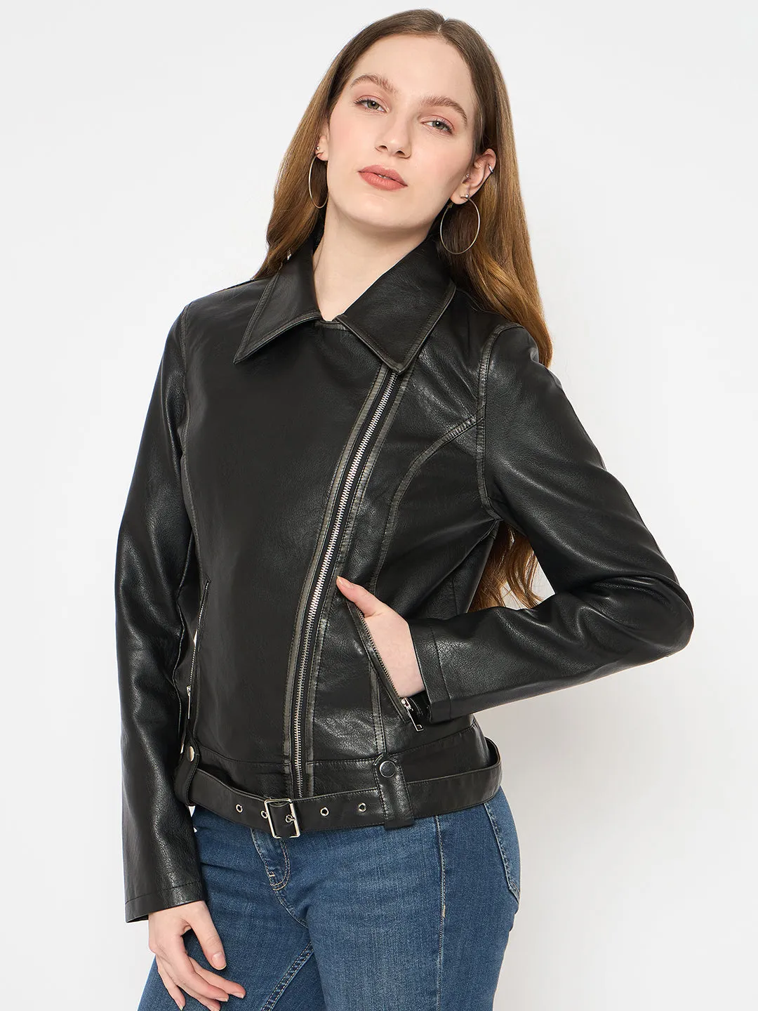 Madame Faux Leather Belt Detailed Black Jacket