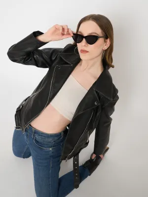 Madame Faux Leather Belt Detailed Black Jacket