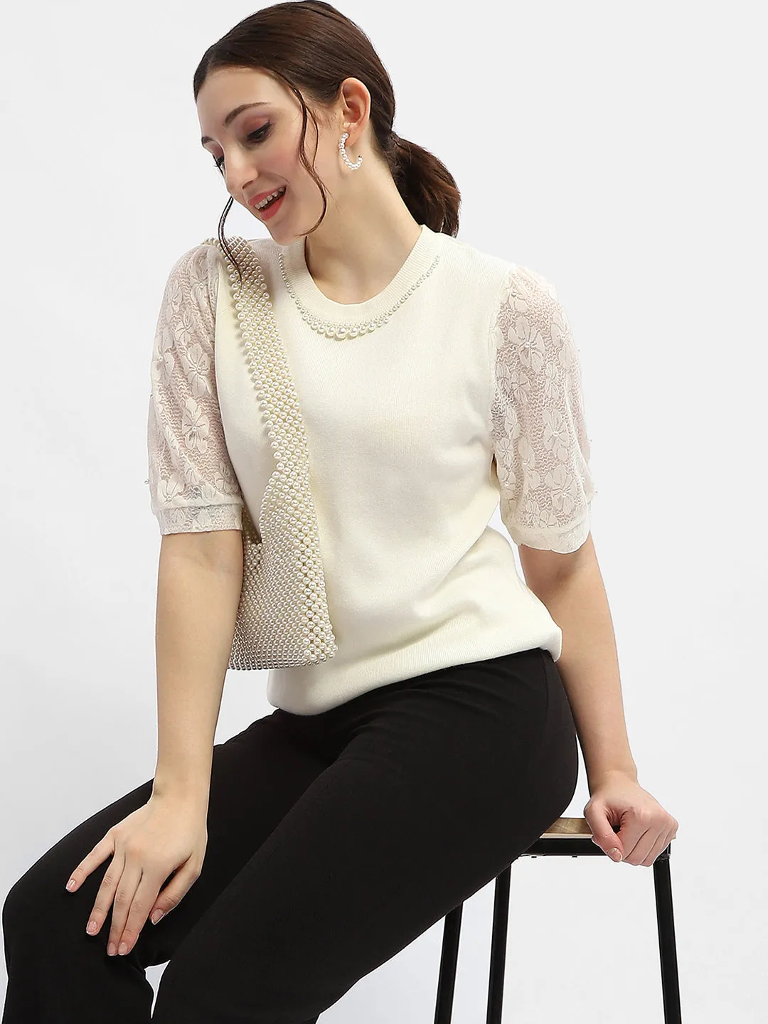 Madame Lace Adorned Beige Embellished Neck Top
