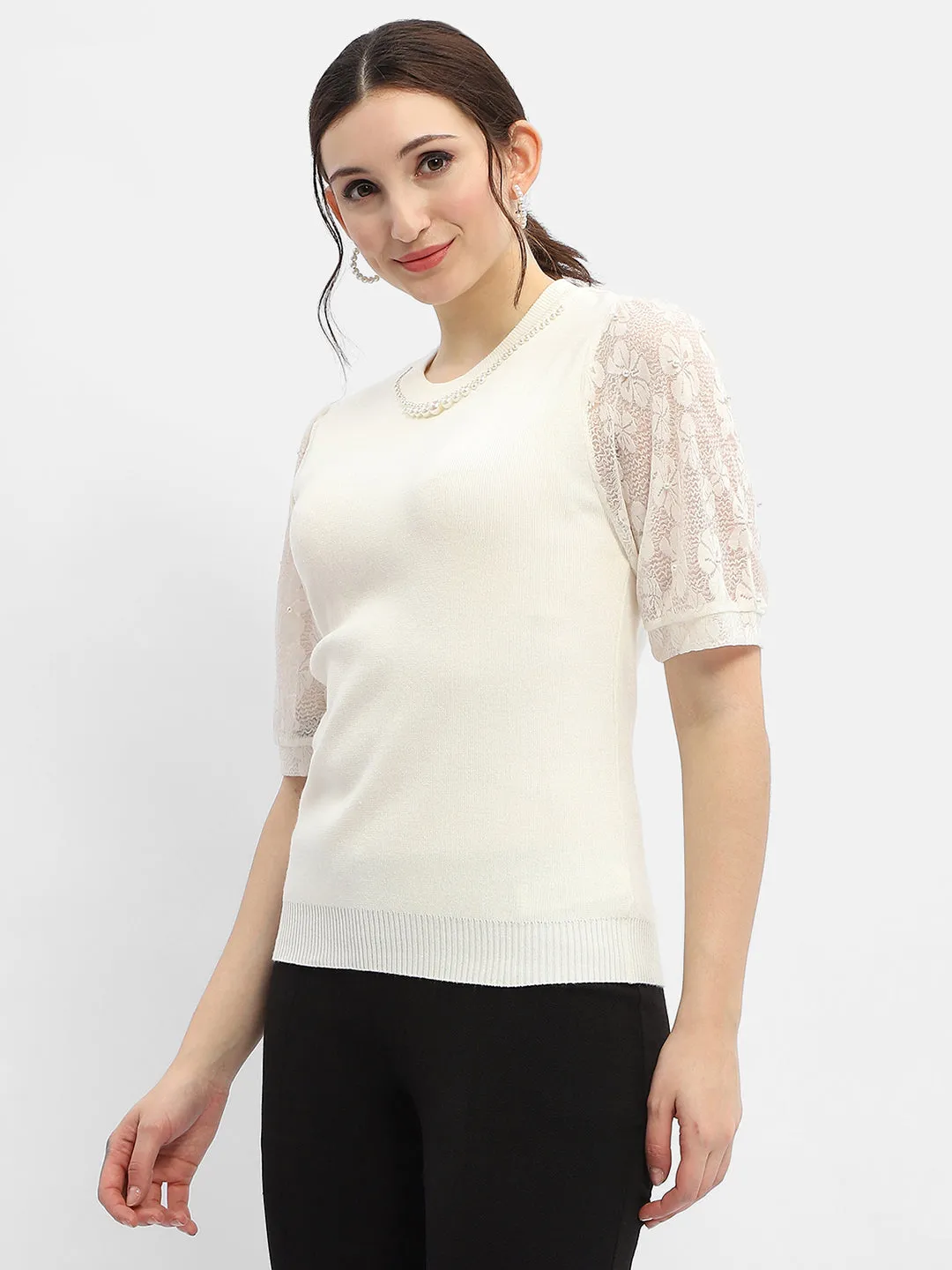 Madame Lace Adorned Beige Embellished Neck Top