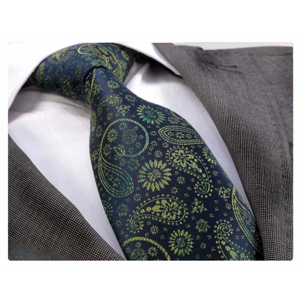 Men's jacquard Blue Green Paisley Premium Neck Tie With Gift Box