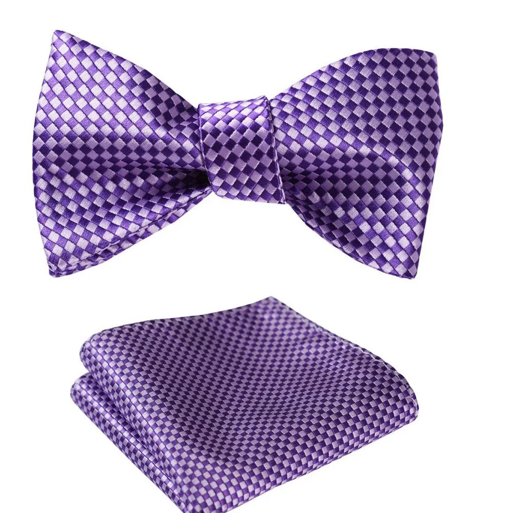 Metallic Purple Mens Silk Self tie Bow Tie with Pocket Squares Set