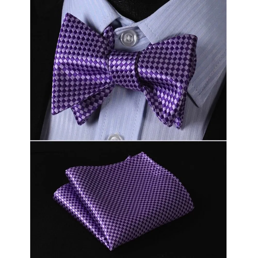 Metallic Purple Mens Silk Self tie Bow Tie with Pocket Squares Set