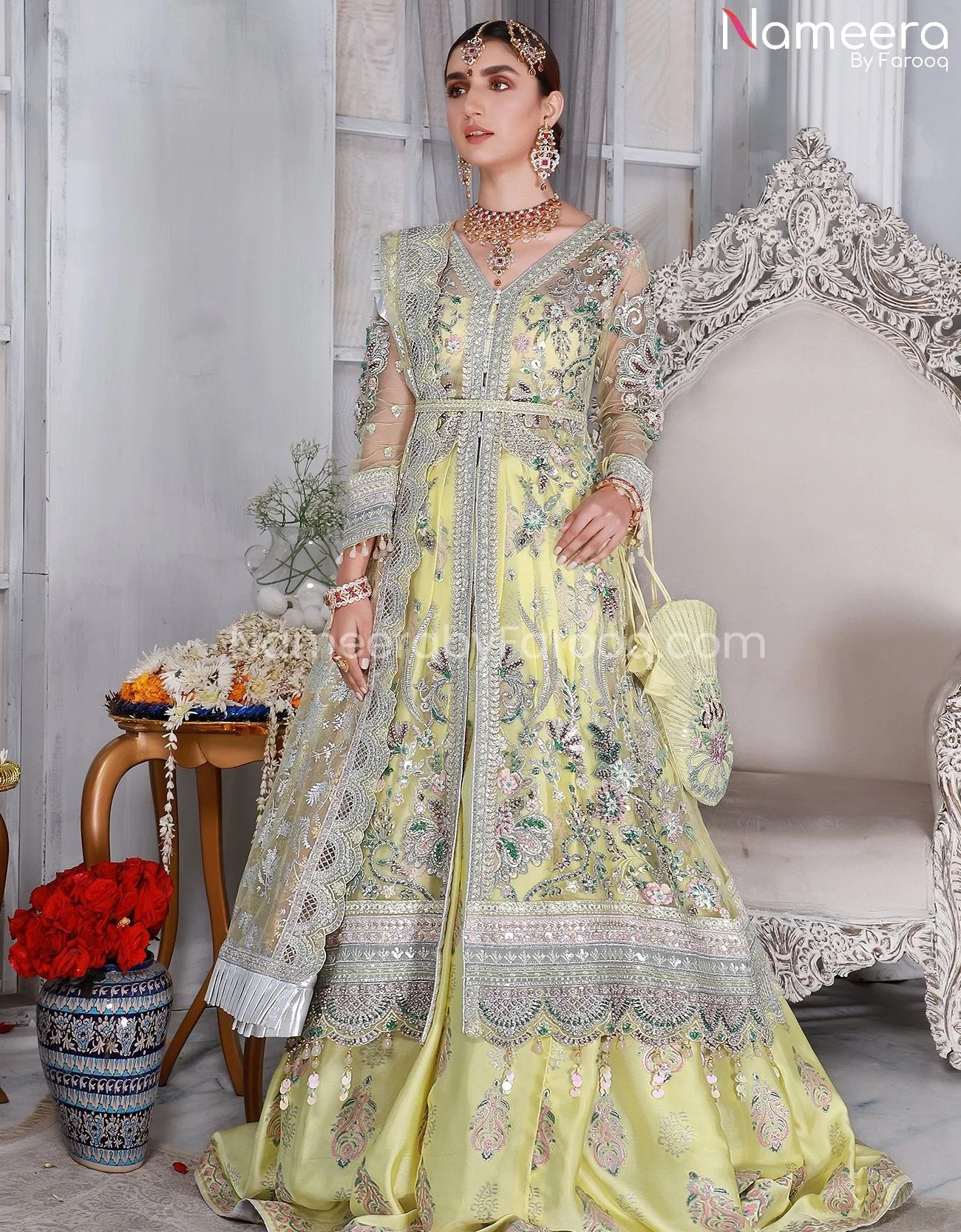 Open Frock with Block Print Lehenga Pakistani #PS214
