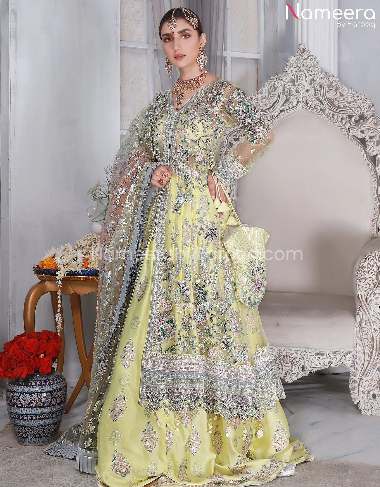 Open Frock with Block Print Lehenga Pakistani #PS214